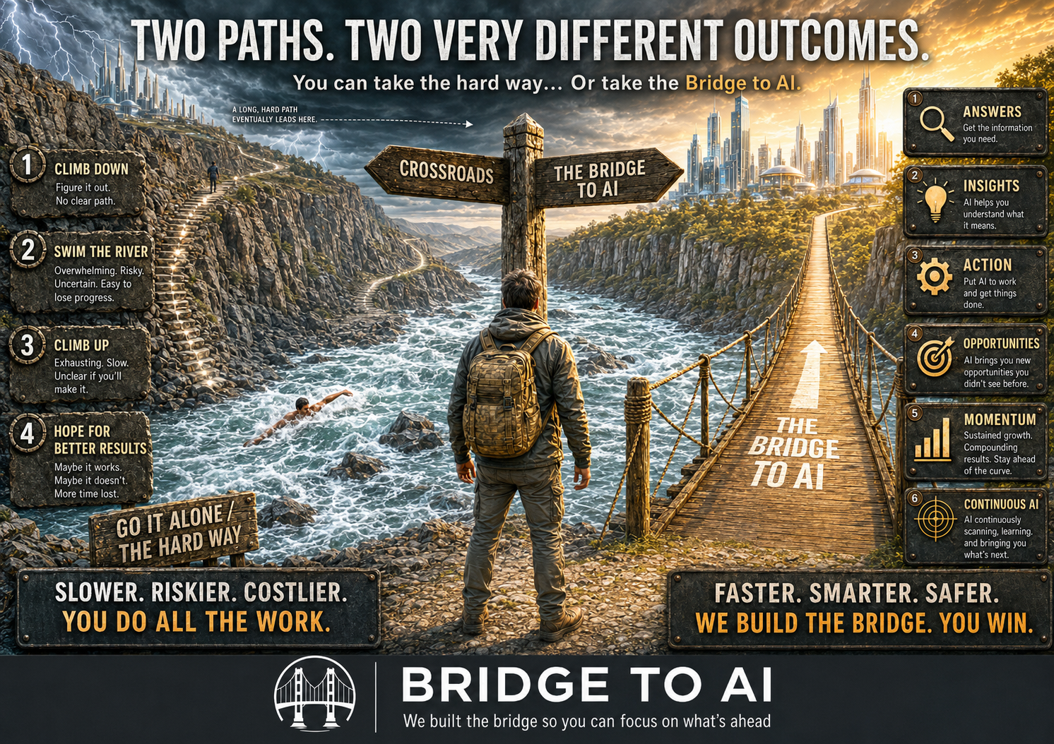 Bridge to AI visual showing two paths and the guided bridge approach